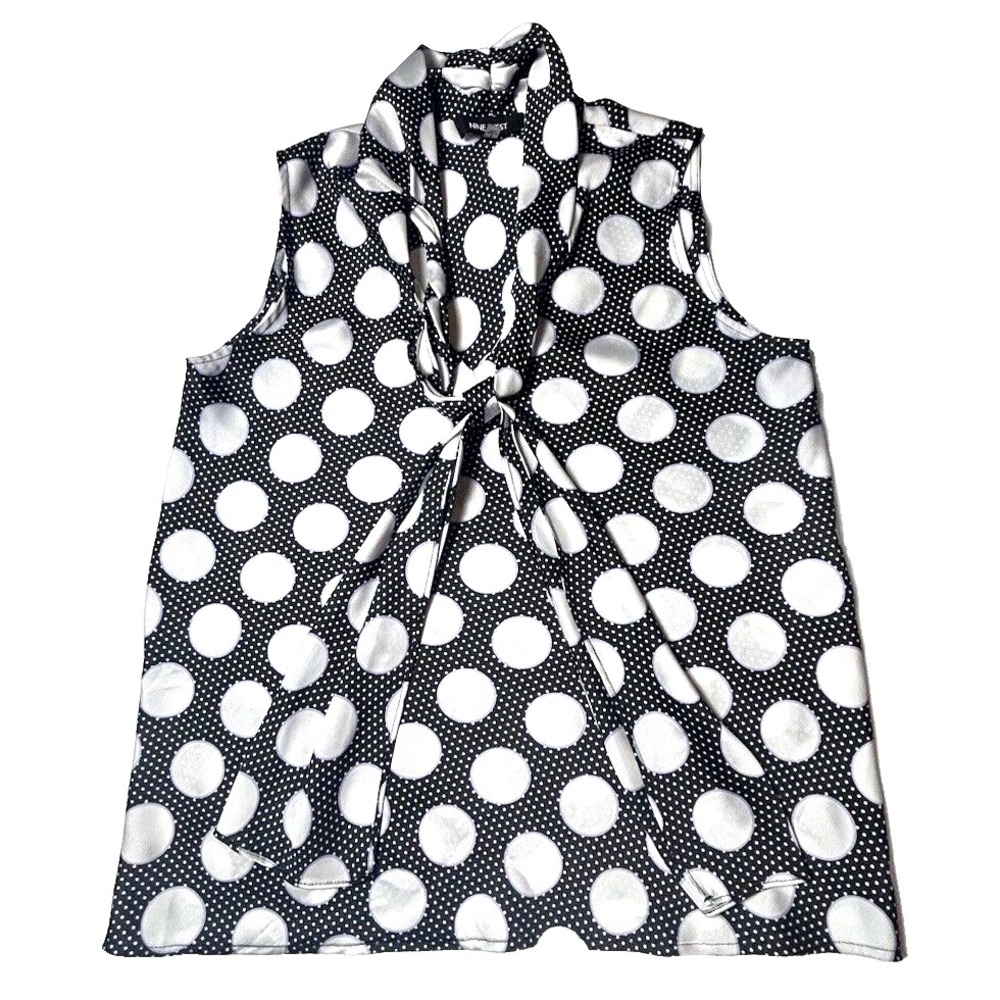 Nine West Women Black/White/Purple Polka Dot Tank Top Small Tie Neck Accent
